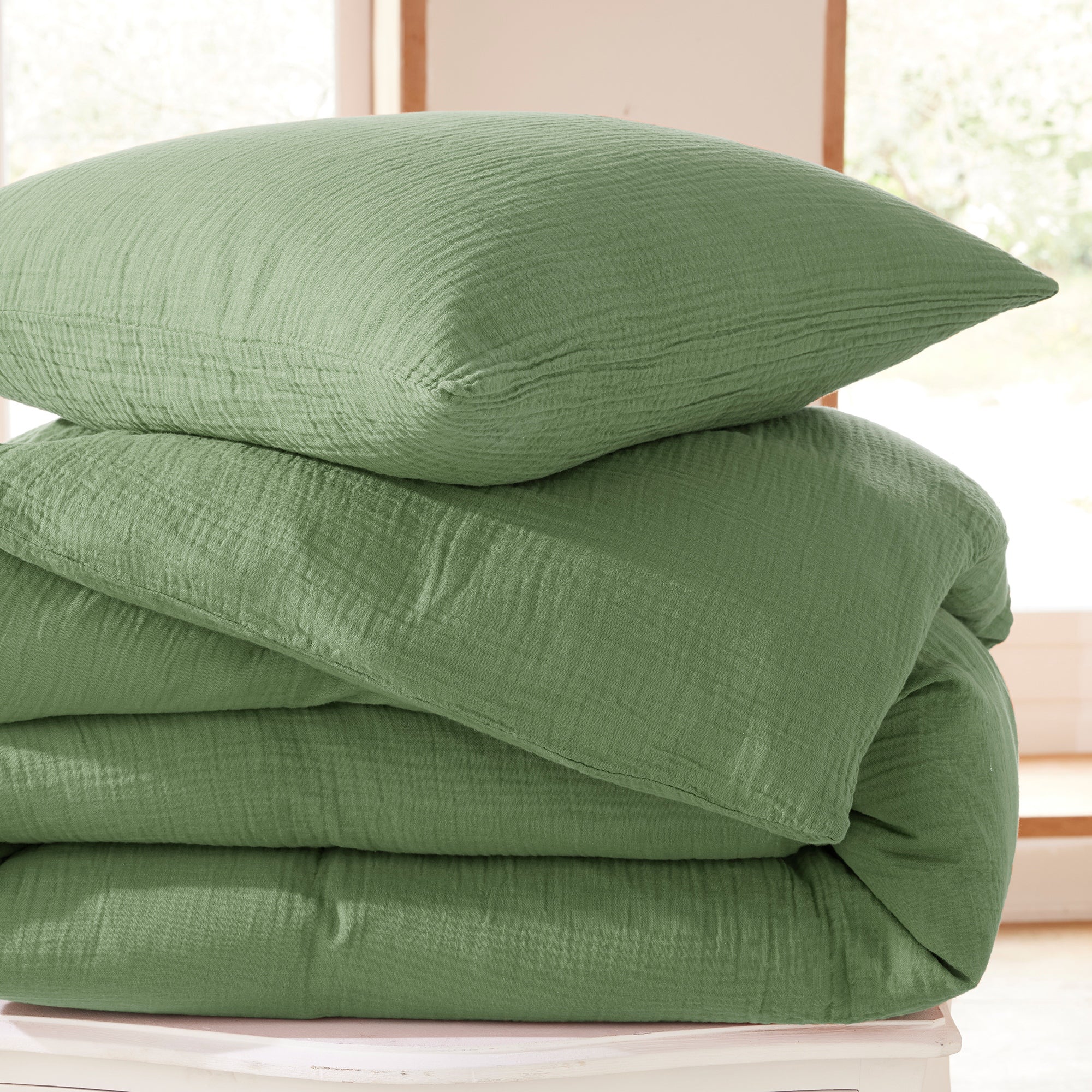 Pack 3 pièces Housse de couette - 260x240cm + 2 taies d'oreiller 65X65cm gaze de coton Olive