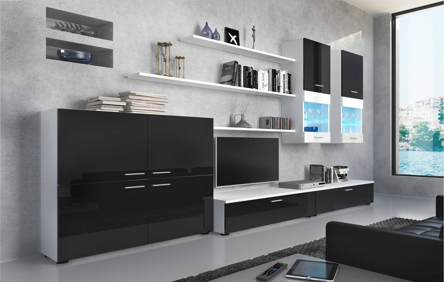 Ensemble de meubles TV, ilumination LED, Noir Laqué et Blanc Mat