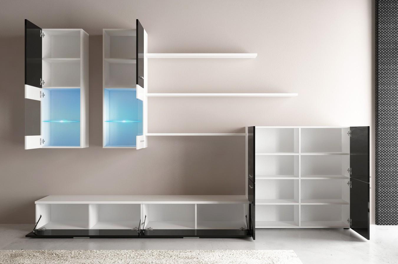 Ensemble de meubles TV, ilumination LED, Noir Laqué et Blanc Mat