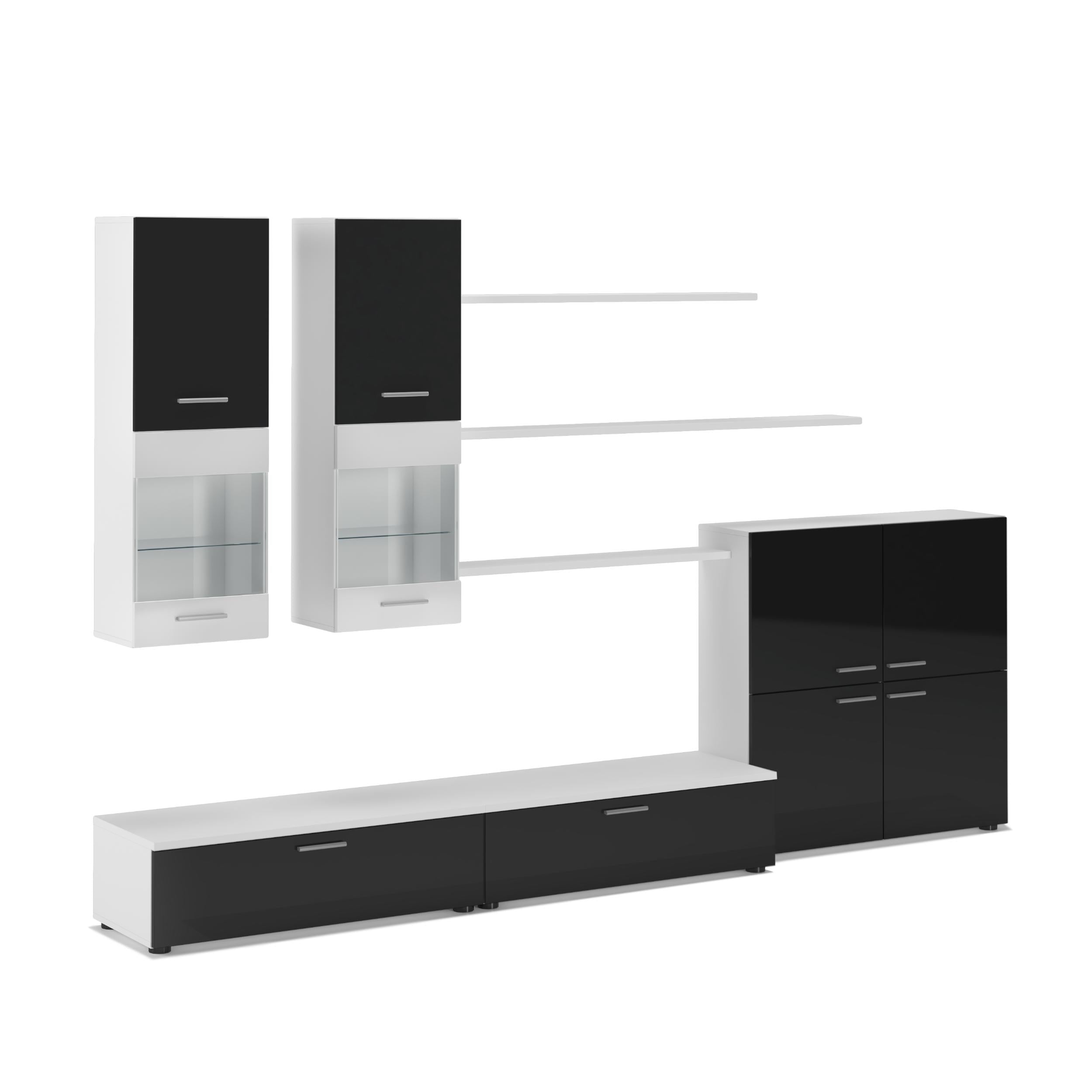 Ensemble de meubles TV, ilumination LED, Noir Laqué et Blanc Mat