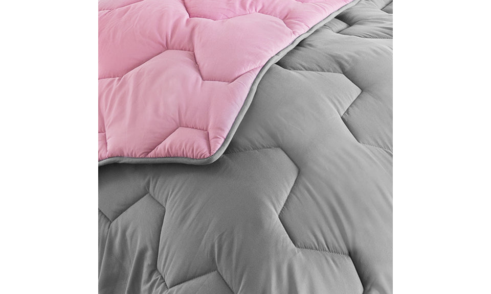 Couette chaude réversible bicolore rose et gris 220x240cm - microfibres 300 g/m2 + 2 oreillers mi-ferme