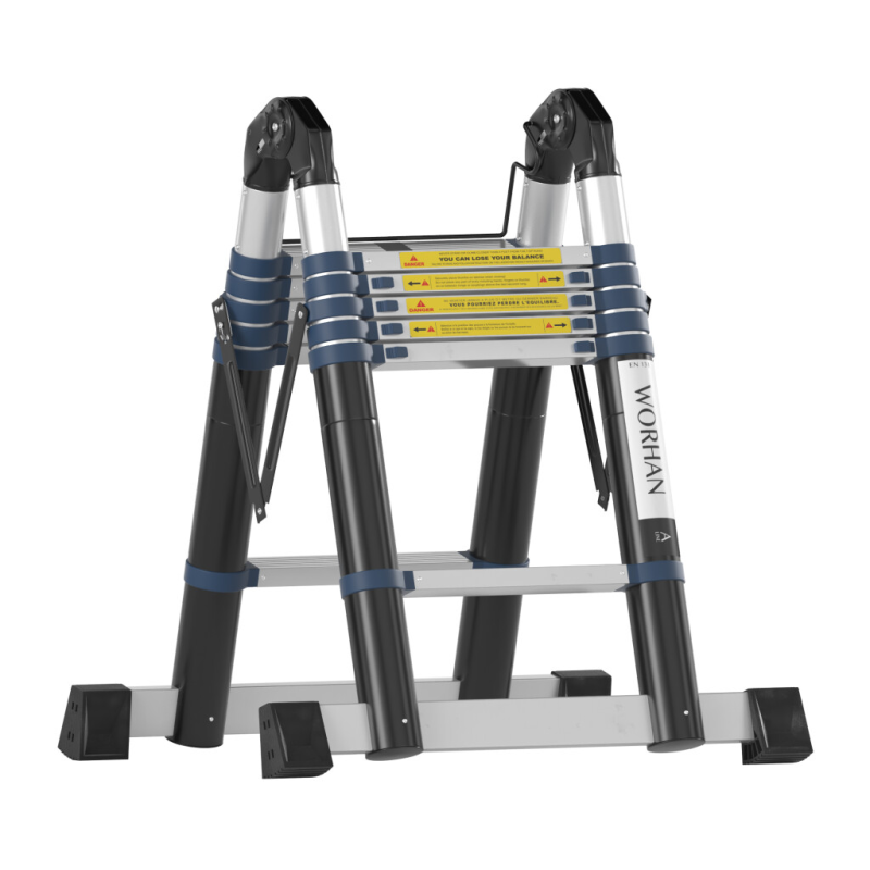 Escabeau télescopique PRO en aluminium - 2 x 8 échelons - 5 m + 2 stabilisateurs