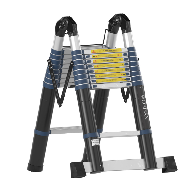 Escabeau télescopique PRO en aluminium - 2 x 9 échelons - 5,6 m + 1 stabilisateur