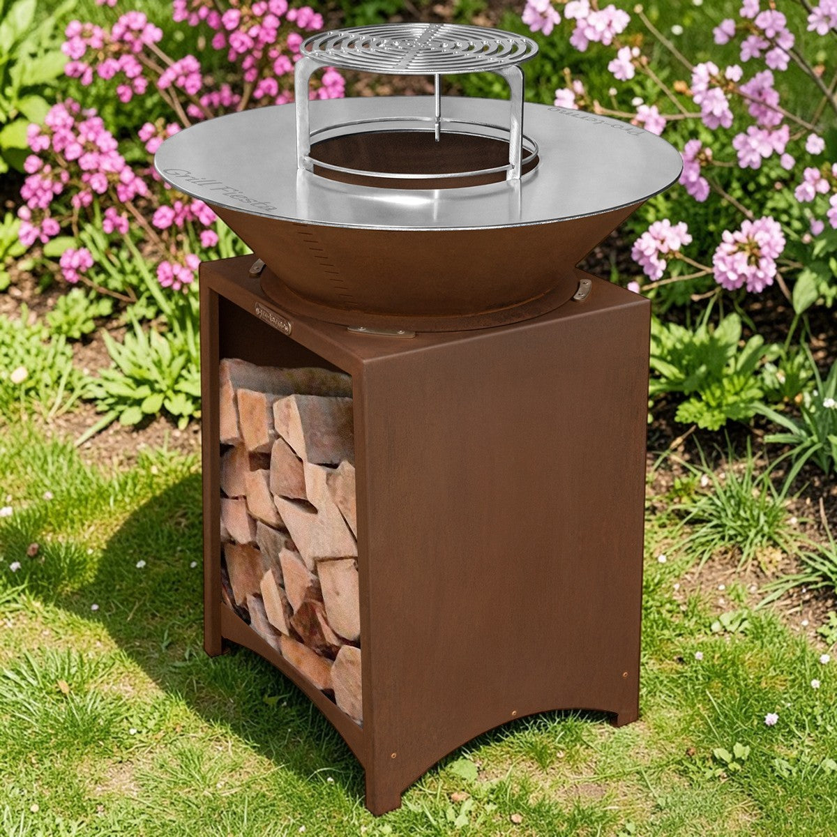 Brasero haut acier corten avec plaque et grille amovible inox barbecue plancha extérieur Ø 100 cm