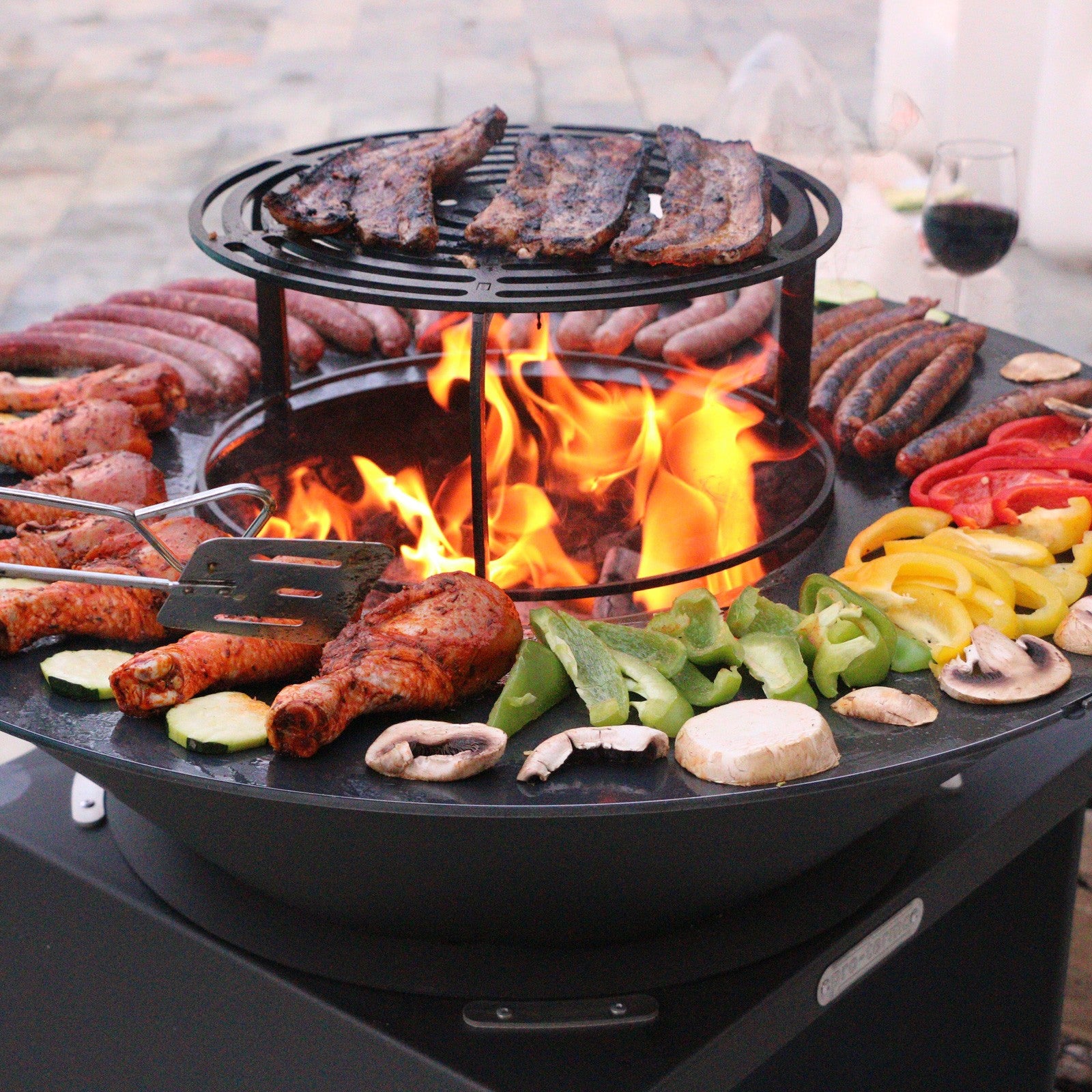 Brasero îlot avec plaque et grille amovible en acier barbecue plancha extérieur Ø 100 cm
