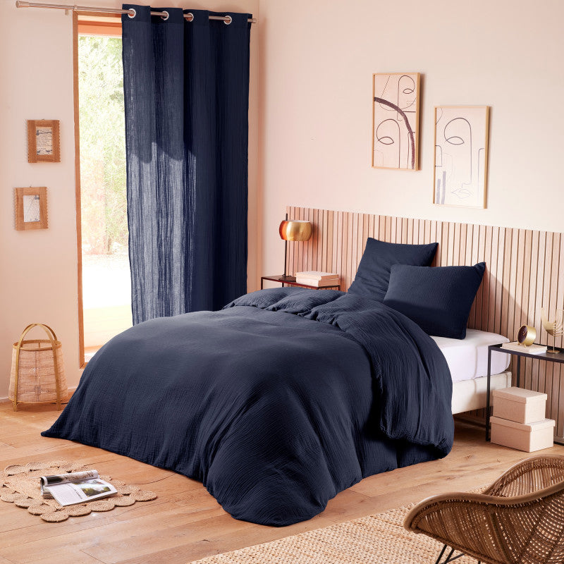 Pack 4 Pièces Housse de couette Gaze de Coton 260 x 240 cm - Bleu Nuit
