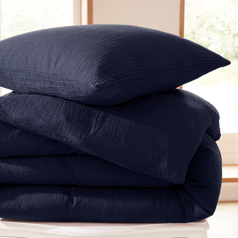 Pack 3 Pièces Housse de couette Gaze de Coton 140 x 200 cm - Bleu Nuit