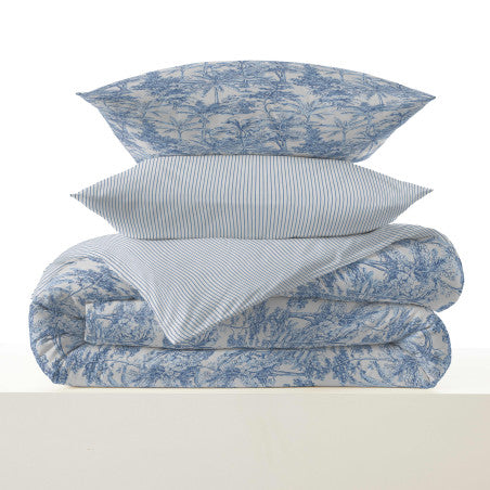 Pack Complet Housse de couette Imprimé 140 x 200 cm - Drap housse 90 x 190 cm - 100% coton / 57 fils/cm² - ADAMA AZUR