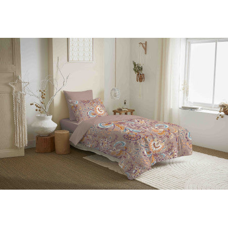 Pack Complet Housse de couette Imprimé 140 x 200 cm - Drap housse 90 x 190 cm - 100% coton / 57 fils/cm² - BERGAME NUDE