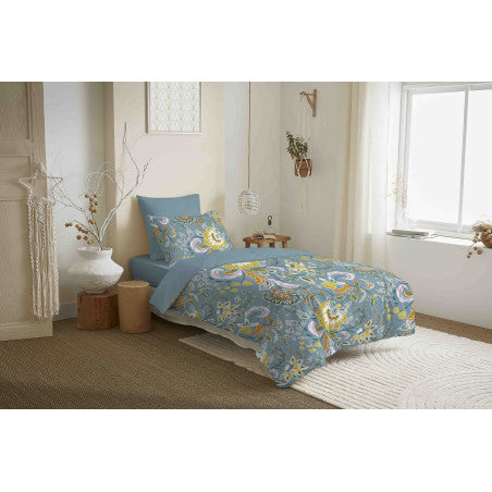 Pack Complet Housse de couette Imprimé 140 x 200 cm - Drap housse 90 x 190 cm - 100% coton / 57 fils/cm² - BERGAME TURQUOISE