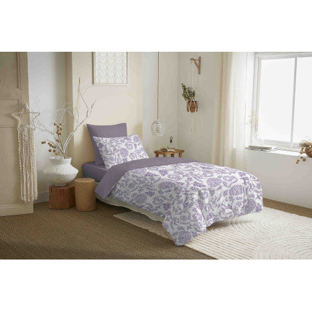 Pack Complet Housse de couette Imprimé 140 x 200 cm - Drap housse 90 x 190 cm - 100% coton / 57 fils/cm² - SALMA LAVANDE