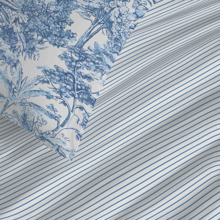 Pack Complet Housse de couette Imprimé 220 x 240 cm - Drap housse 140 x 190 cm - 100% coton / 57 fils/cm² - ADAMA AZUR