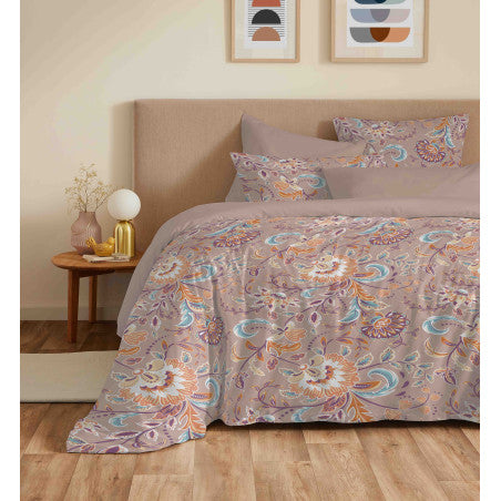 Pack Complet Housse de couette Imprimé 220 x 240 cm - Drap housse 140 x 190 cm - 100% coton / 57 fils/cm² - BERGAME NUDE