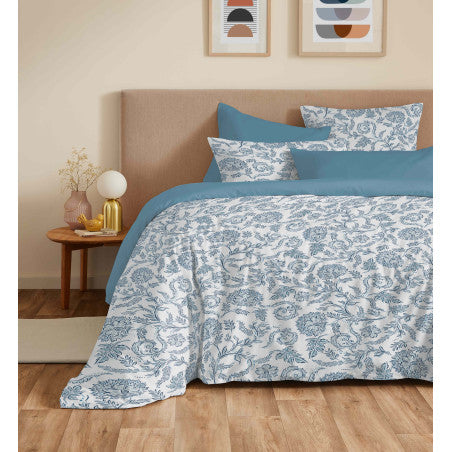 Pack Complet Housse de couette Imprimé 220 x 240 cm - Drap housse 140 x 190 cm - 100% coton / 57 fils/cm²- SALMA BLEU