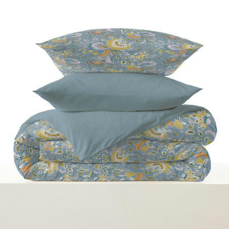 Pack Complet Housse de couette Imprimé 220 x 240 cm - Drap housse 160 x 200 cm - 100% coton / 57 fils/cm²- BERGAME TURQUOISE