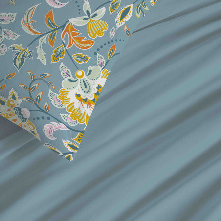 Pack Complet Housse de couette Imprimé 220 x 240 cm - Drap housse 160 x 200 cm - 100% coton / 57 fils/cm²- BERGAME TURQUOISE