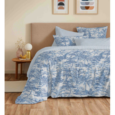 Pack Complet Housse de couette Imprimé 240 x 260 cm - Drap housse 180 x 200 cm King Size - 100% coton / 57 fils/cm²- ADAMA AZUR