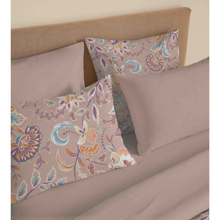 Pack Complet Housse de couette Imprimé 240 x 260 cm - Drap housse 180 x 200 cm King Size - 100% coton / 57 fils/cm²- BERGAME NUDE