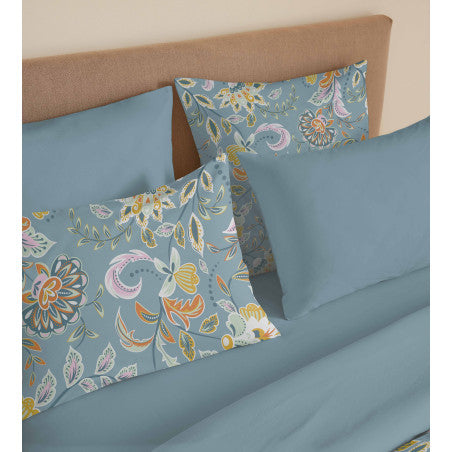 Pack Complet Housse de couette Imprimé 240 x 260 cm - Drap housse 180 x 200 cm King Size - 100% coton / 57 fils/cm²- BERGAME TURQUOISE
