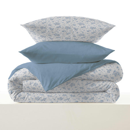 Pack Complet Housse de couette Imprimé 240 x 260 cm - Drap housse 180 x 200 cm King Size - 100% coton / 57 fils/cm² - LOUISE BLEU