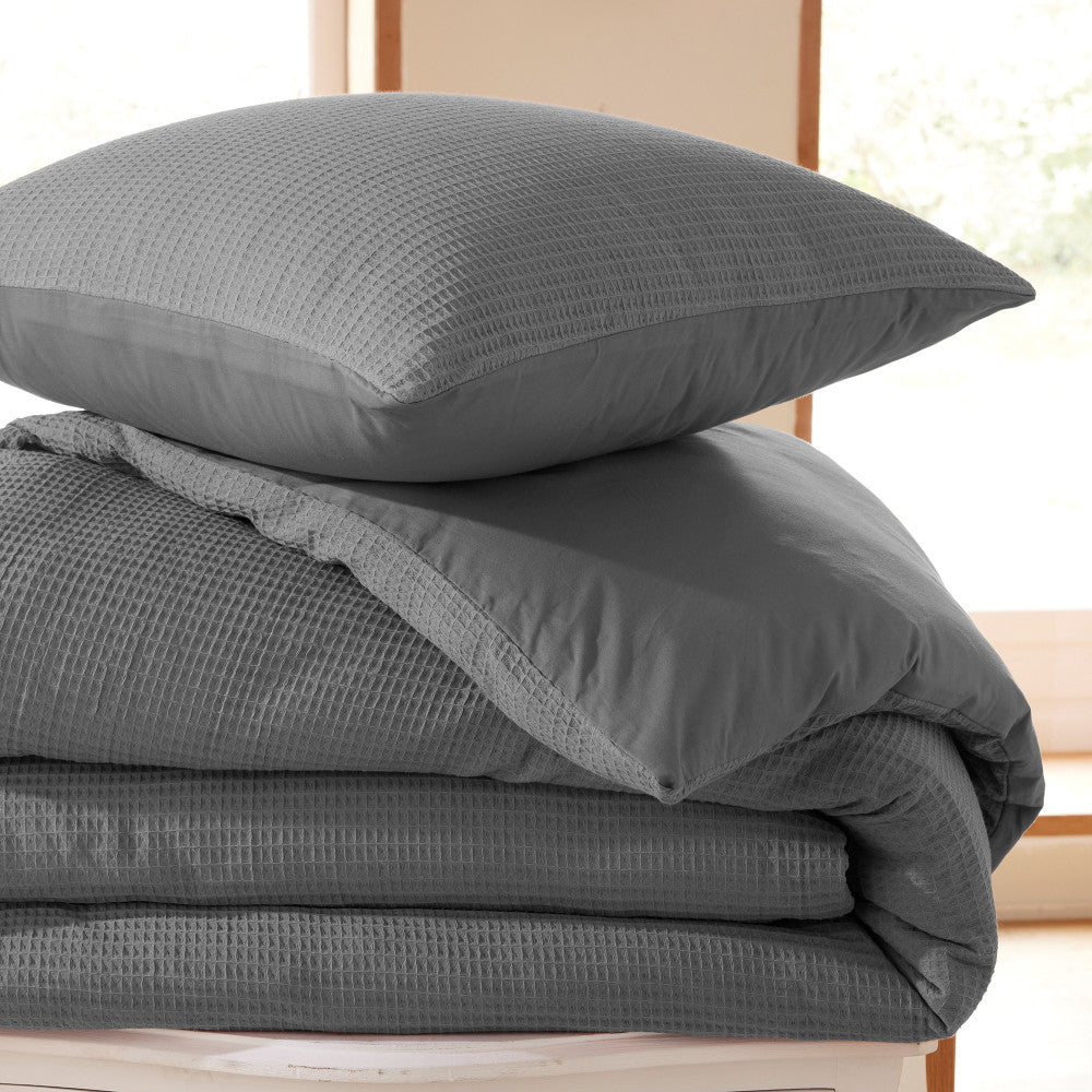 Pack 2 Pièces Housse de couette 140x200cm + 1 taie d'oreiller 65X65cm nid d'abeille - Ardoise