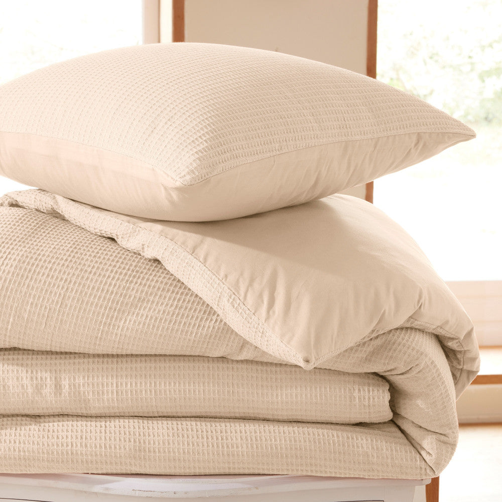 Pack 2 Pièces Housse de couette 140x200cm + 1 taie d'oreiller 65X65cm - nid d'abeille - Naturel