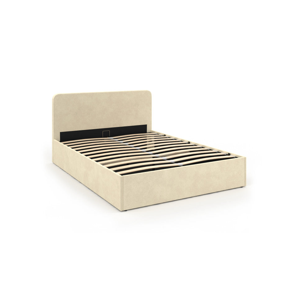 Lit coffre Louise en velours beige avec sommier et tête de lit arrondie 140x190cm