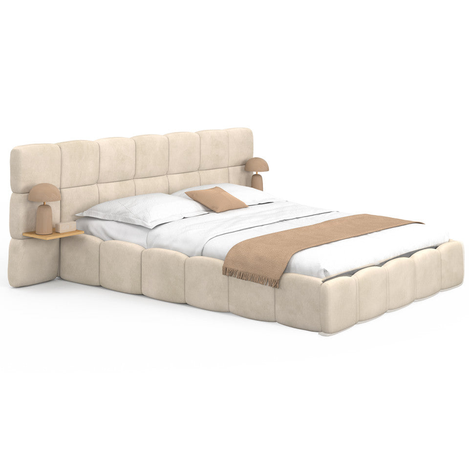 Lit coffre Bubble 140x190cm velours beige chevets intégrés