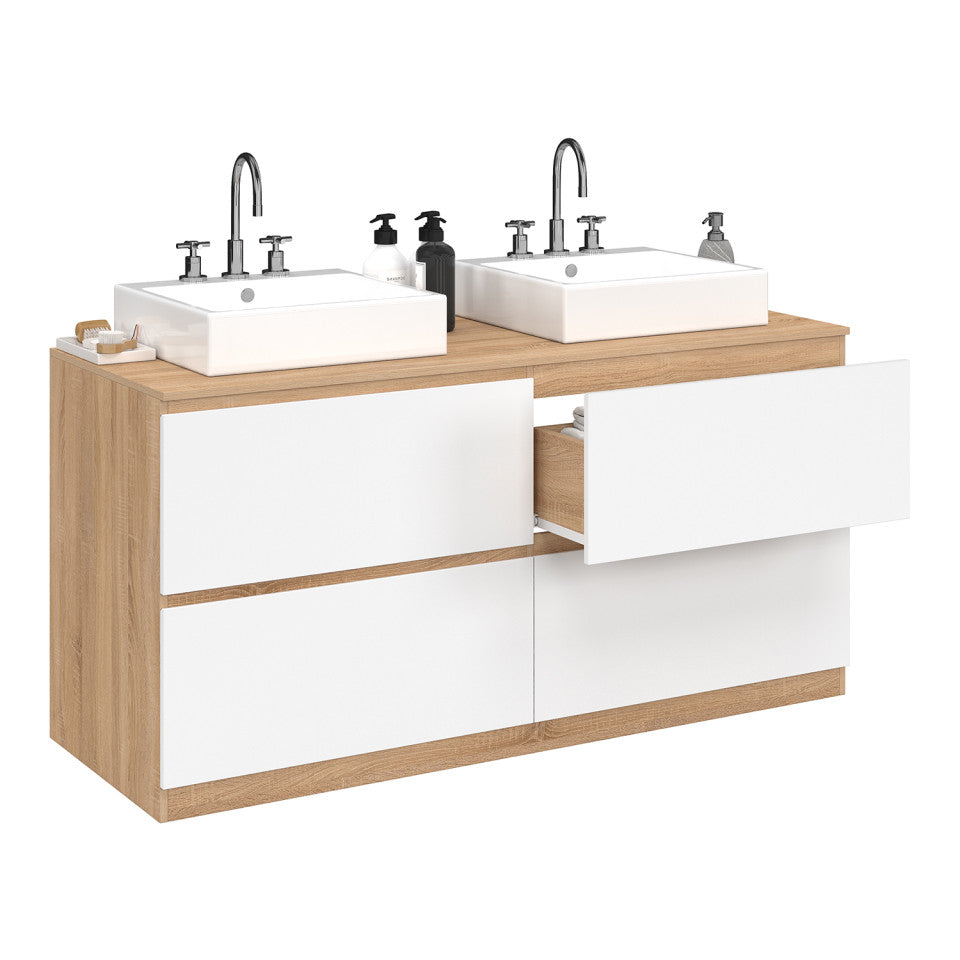 Meuble sous vasque suspendu Tom 4 tiroirs blanc et effet hêtre L120cm
