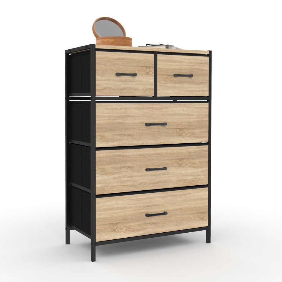 Chiffonnier Iris 5 tiroirs en bois et tissu