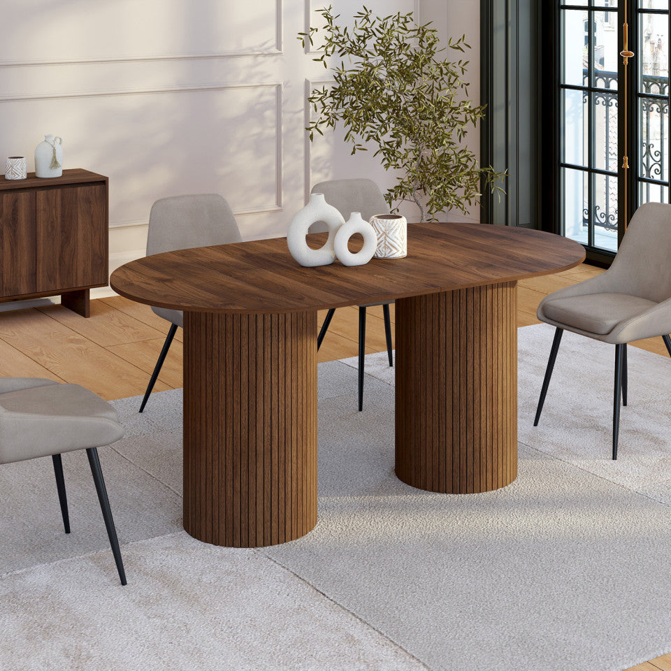 Table à manger extensible Albane 160-200cm 2 pieds pylône effet noyer