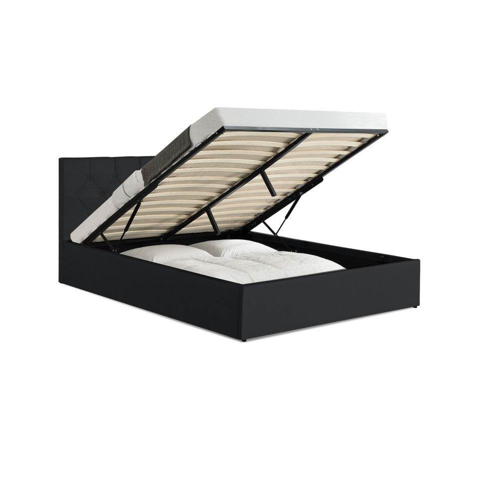 Lit coffre Hanna en PVC noir avec sommier et tête de lit 160x200cm