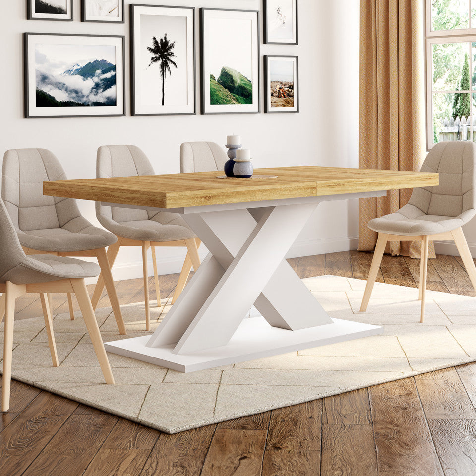 Table repas extensible Alexia 160-200cm plateau bois et pied central blanc