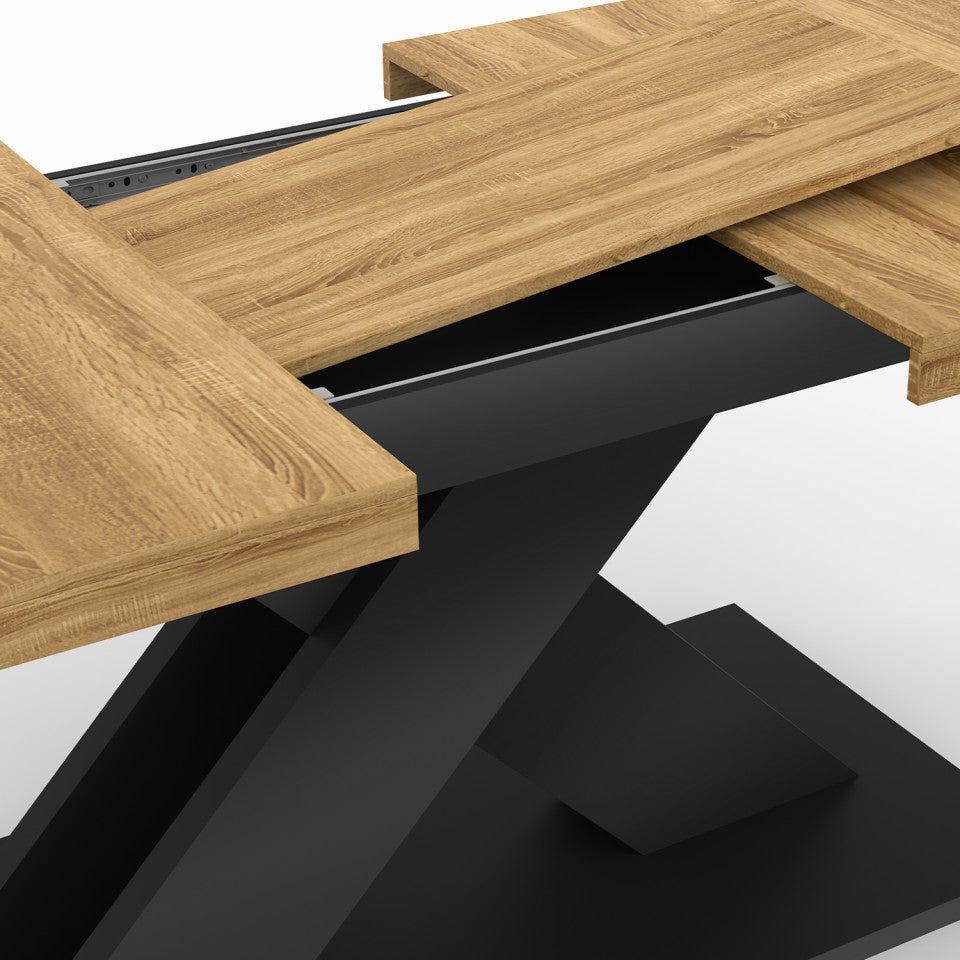 Table repas extensible Alexia 160-200cm plateau bois et pieds central noir