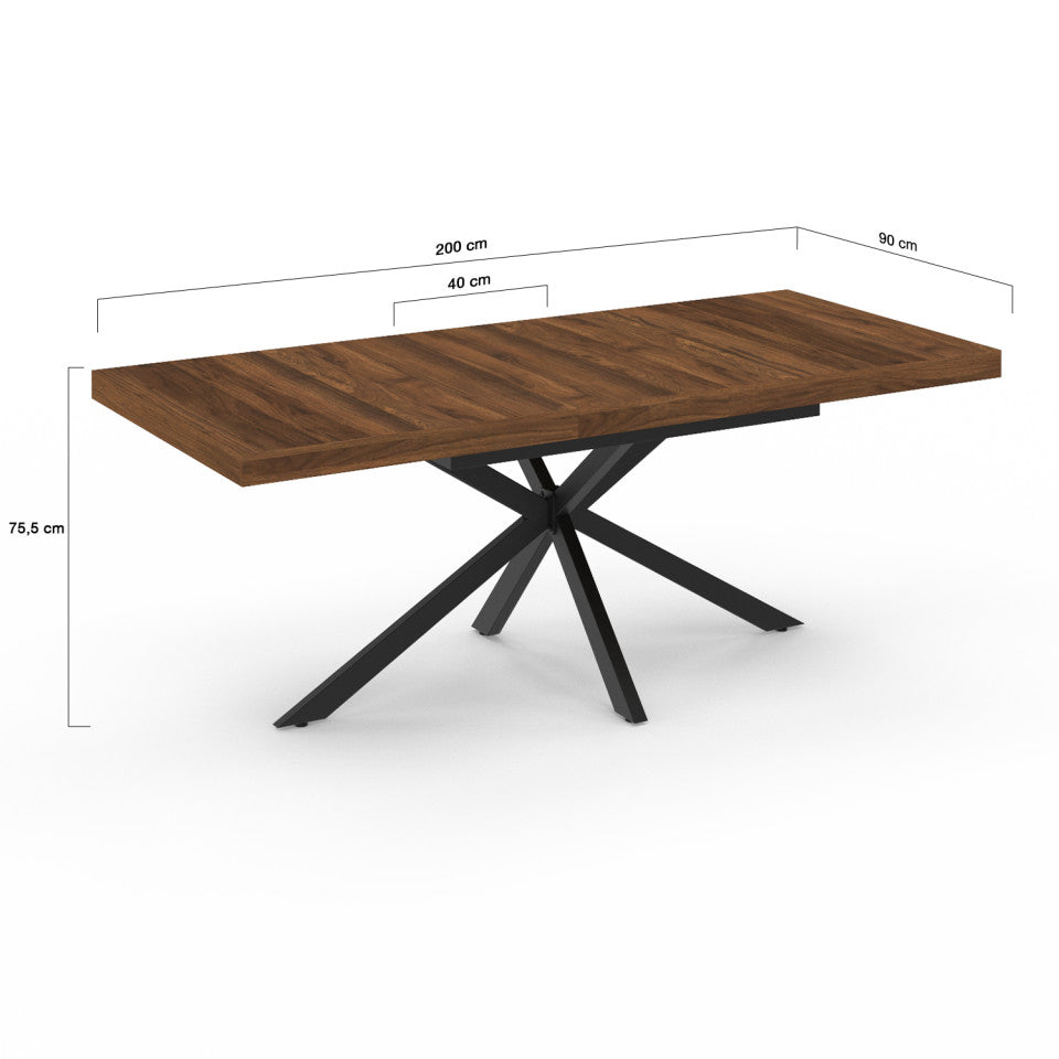 Table repas extensible Spider 160-200cm plateau bois effet noyer avec rangement et pieds croisés noirs