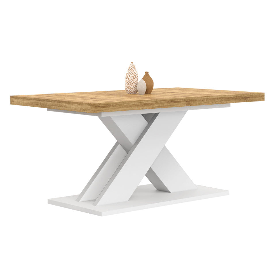 Table repas extensible Alexia 160-200cm plateau bois et pied central blanc