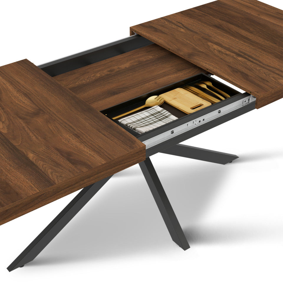 Table repas extensible Spider 160-200cm plateau bois effet noyer avec rangement et pieds croisés noirs