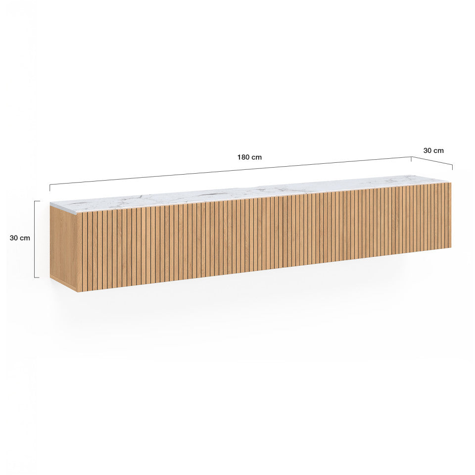 Meuble TV suspendu Marceau effet lattes et dessus marbre L180cm