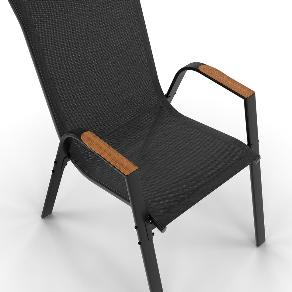 Ensemble repas Timbia 10 places noir et verre trempé effet bois
