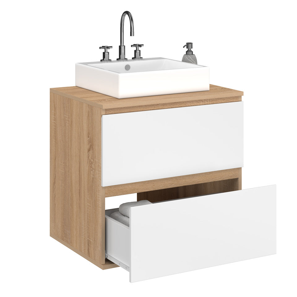 Meuble sous vasque suspendu Tom 2 tiroirs blanc et effet hêtre L60cm