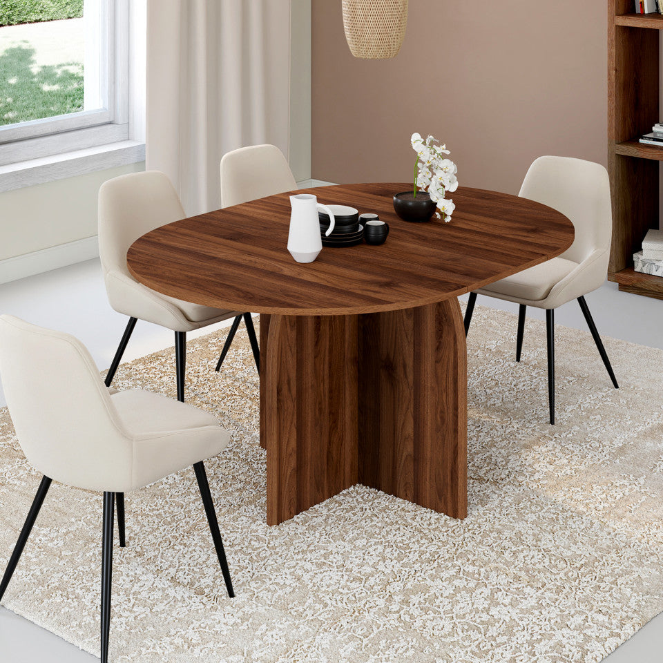 Table à manger ronde extensible Japandi pied central effet noyer Ø110-150cm