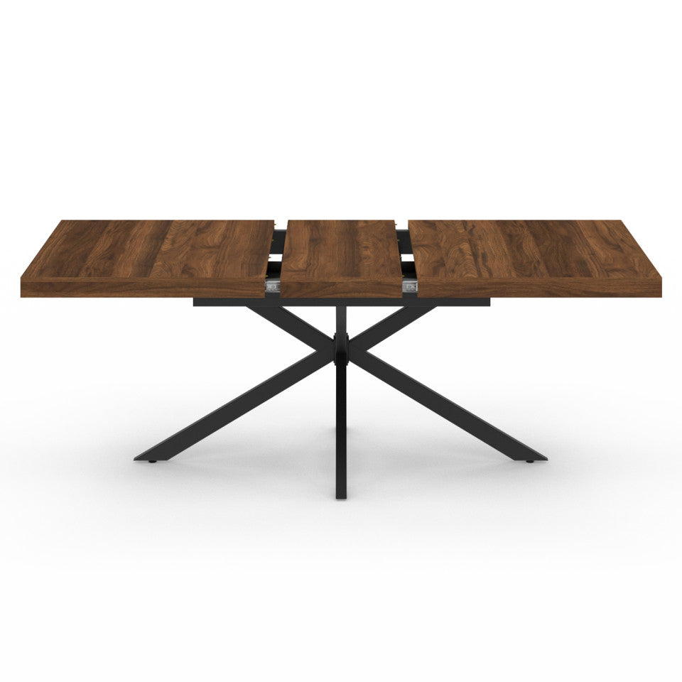 Table repas extensible Spider 160-200cm plateau bois effet noyer avec rangement et pieds croisés noirs