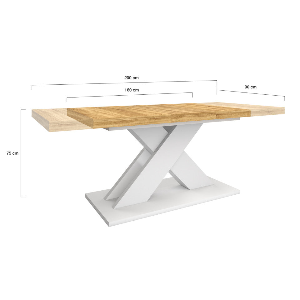 Table repas extensible Alexia 160-200cm plateau bois et pied central blanc