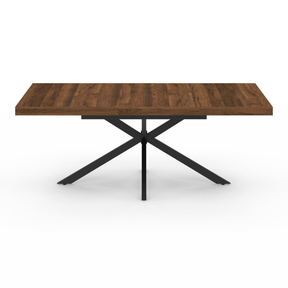Table repas extensible Spider 160-200cm plateau bois effet noyer avec rangement et pieds croisés noirs