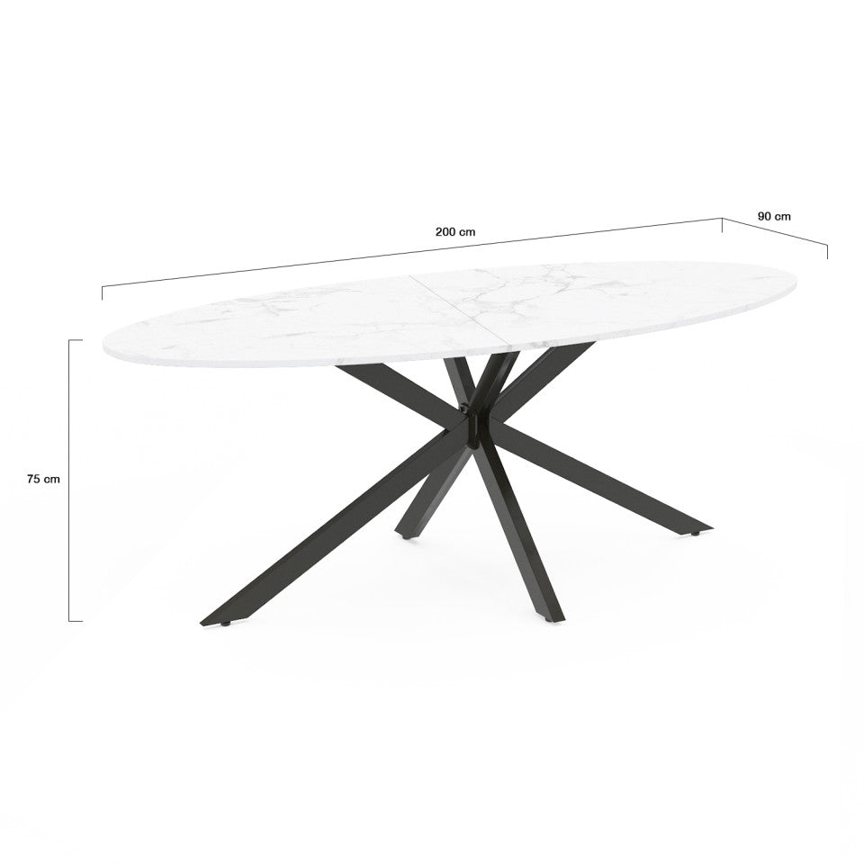 Table à manger ovale Céleste effet marbre blanc et noir 200cm