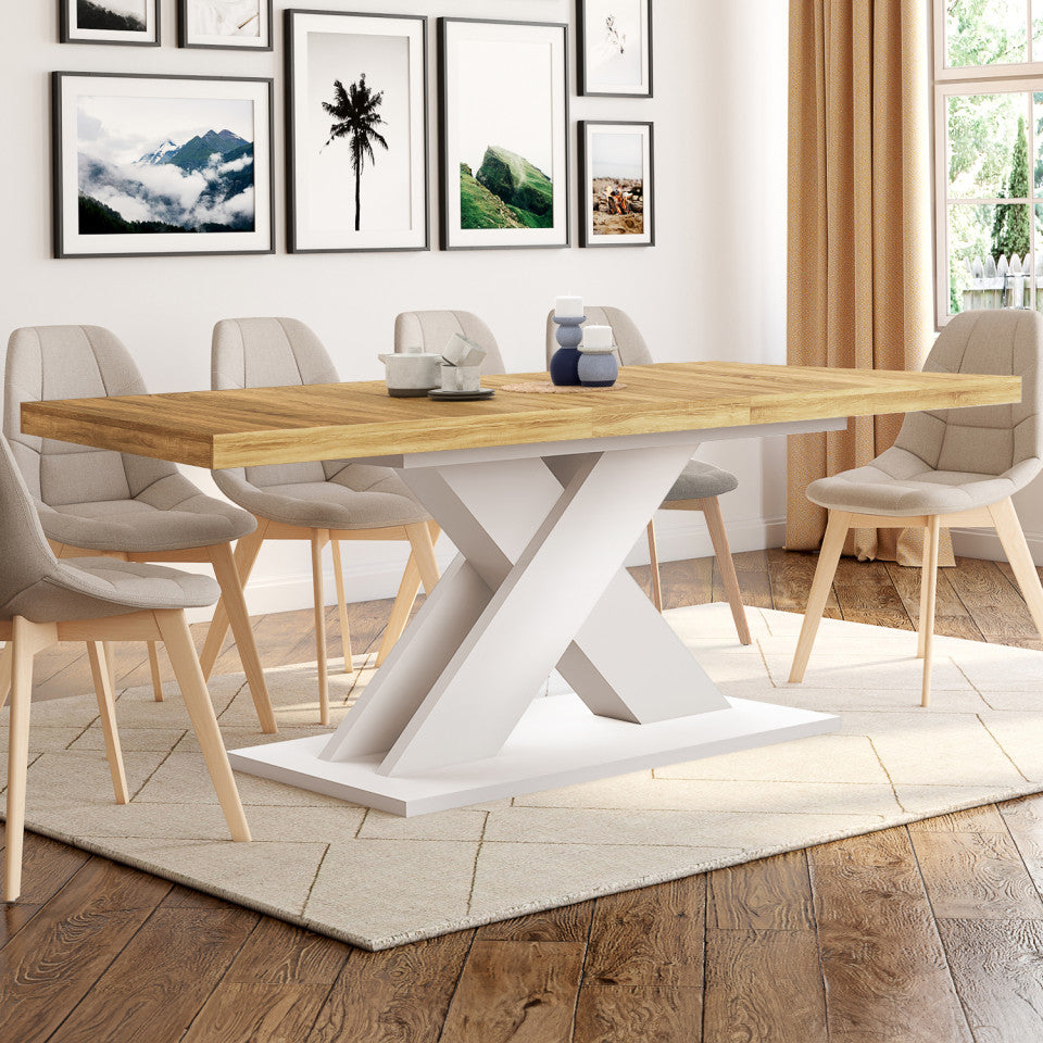 Table repas extensible Alexia 160-200cm plateau bois et pied central blanc