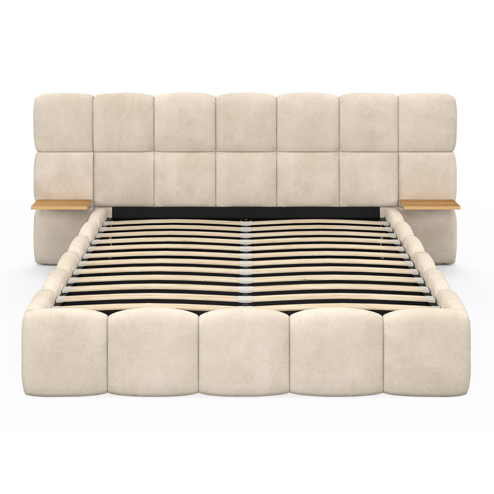 Lit coffre Bubble 140x190cm velours beige chevets intégrés