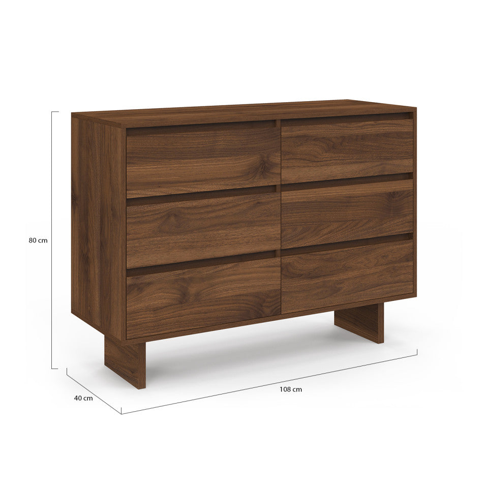 Commode Yumi 6 tiroirs en bois effet noyer