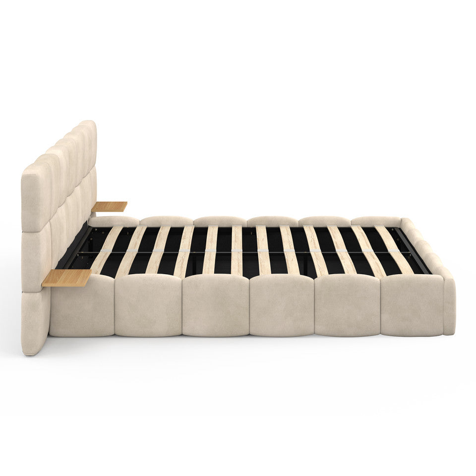 Lit coffre Bubble 140x190cm velours beige chevets intégrés