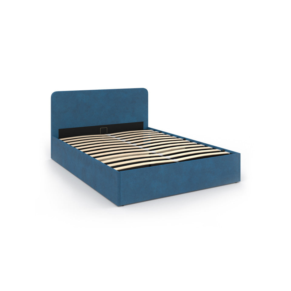 Lit coffre Louise en velours bleu avec sommier et tête de lit arrondie 140x190cm